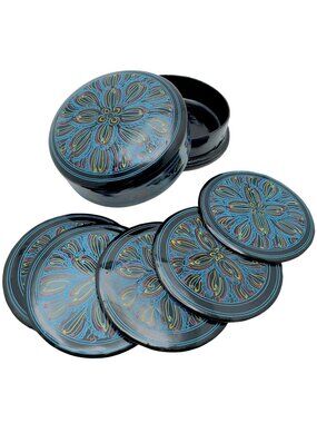 Burmese Hand-Painted Floral Coaster Set 5 Black Blue Storage Box 4" Coasters Vtg